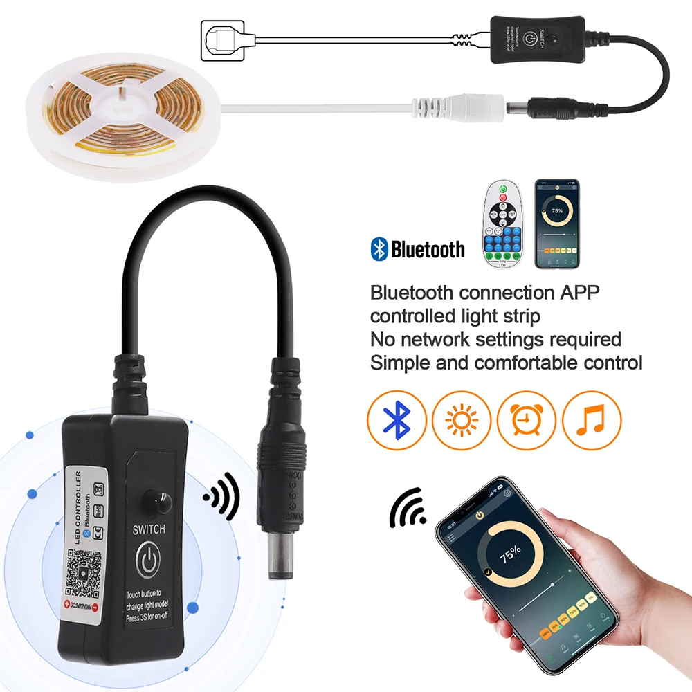 12V 24V Bluetooth COB LED Strip Light 480LEDs/M 23key Remote EU US UK AU Power Kit Flexible Tape Warm Natural White 0.5m 5m 10m