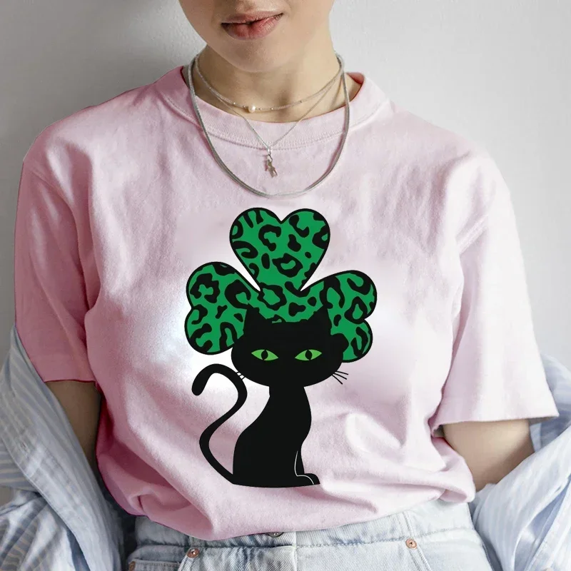 Women's T-shirt Black Cat Shamrock Print Tshirts Short Sleeve Tees Fashion Leisure Ladies Trend Hip Hop Streetwear