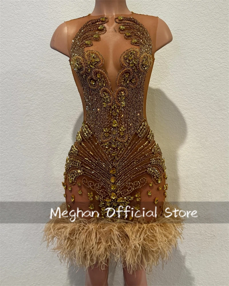 

Gold O N Short Prom Dresses For Black Girls Bead Crystal 2025 Birthday Luxury Dress Feather Mini Cocktail Homecoming Customized