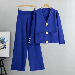 Fall Winter Women's Knit Sweater Sets Large Gold Button V-neck Cardigan Coats Conjunto High Waist Baggy 2026 Wide Leg Pants Suit