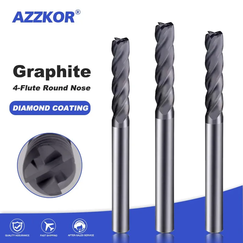 AZZKOR CNC Processing Diamond Coated Carbide Extended Straight Shank Round Nose End Mill 4-Flute Carbide Graphite Milling Cutter