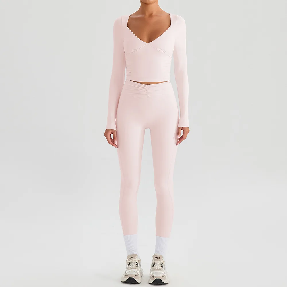 여성 트레이닝복 2피스 딥 브이넥 요가 탑 패드 내장 긴팔 셔츠 피트니스 하이웨이스트 반바지 세트 요가복 짐웨어