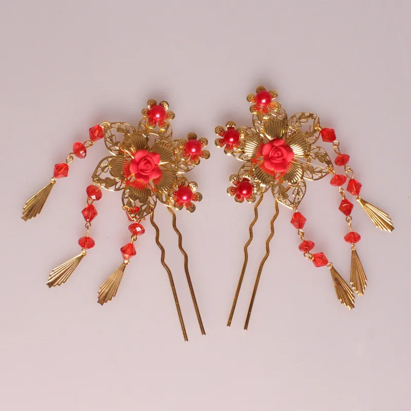 Chinese Palace Red Flower Hairpin Hair Sticks Forks With Tassel  Women Jewelry Retro Headpieces Accessories