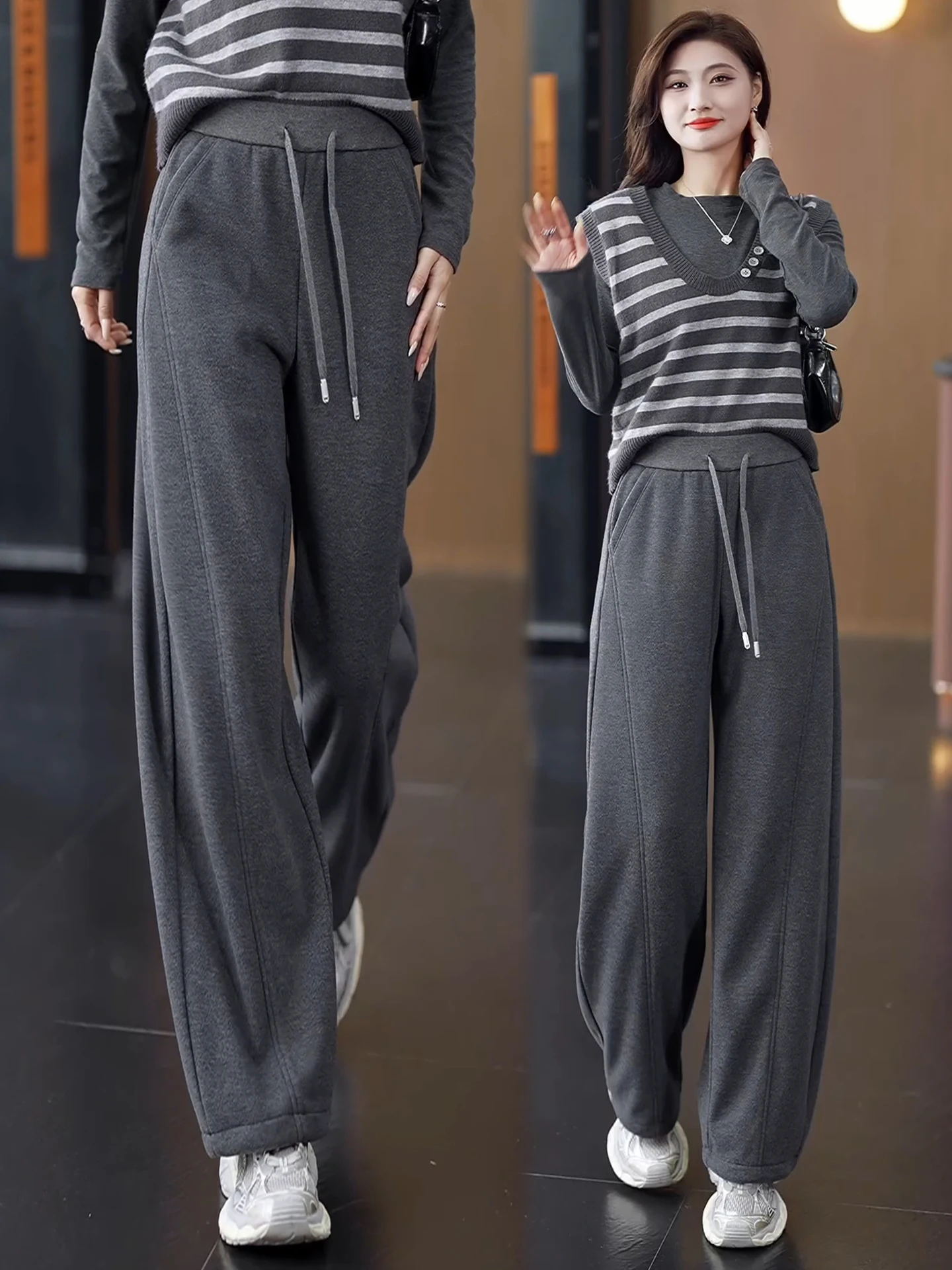 

Ladies Woolen Wide Leg Knife Pants Autumn Winter New Style Thickened Fleece Casual Trousers High Waist Straight Tube Pants