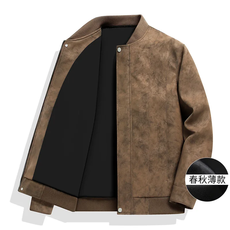 Autumn Winter Thickened Locomotive Jacket Teen Men's Suede PU Jacket Casual Stand-up Collar Leather Jacket Windproof and Warm