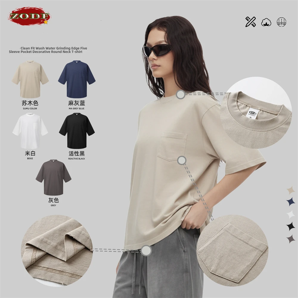 ZODF Fashion Summer Men Clean Fit Cotton T-Shirts Unisex 215gsm Casual Solid Pocket Half Sleeve O Neck T Shirt Brand Tees HY1236