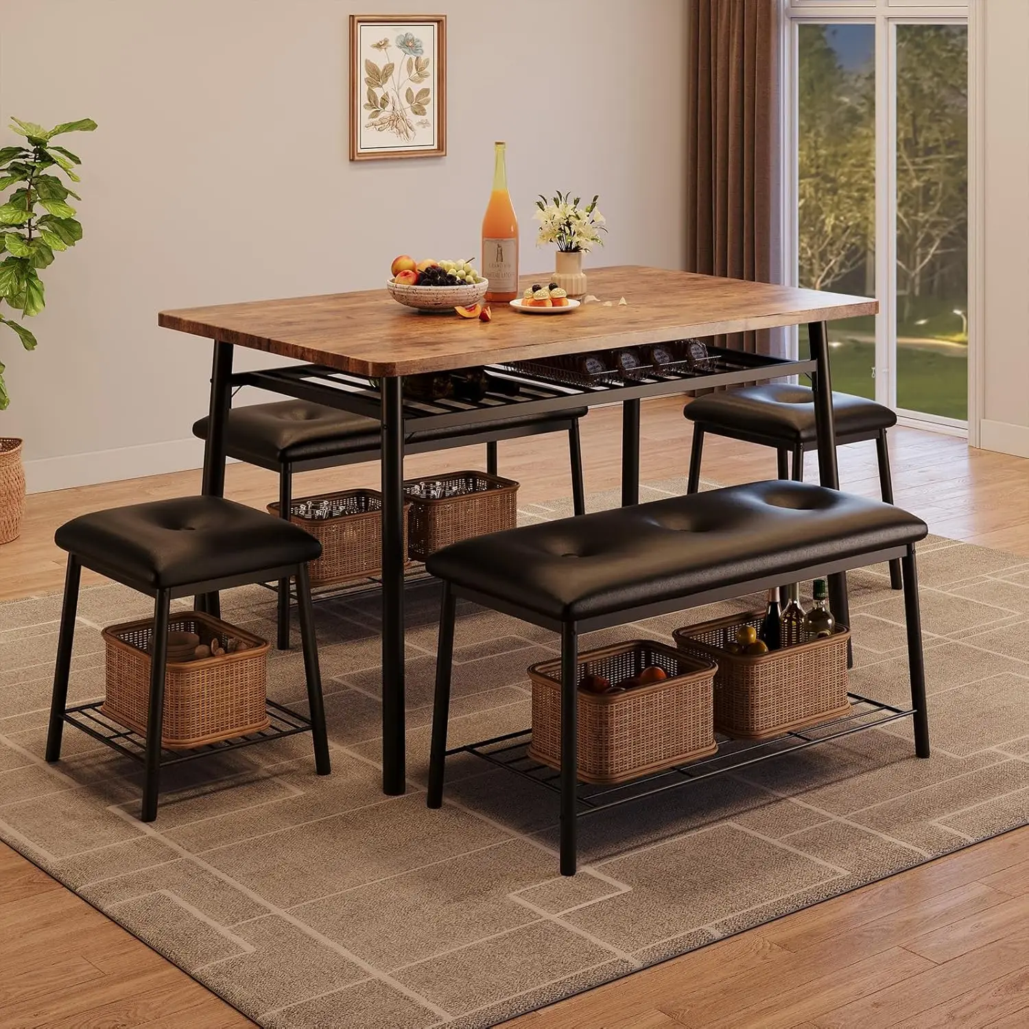 Dining Table Bench Set for 4-6, Kitchen Table and 2 Upholstered Benches 2 Stools Set, Rectangular Dining Room Table Set with Sto