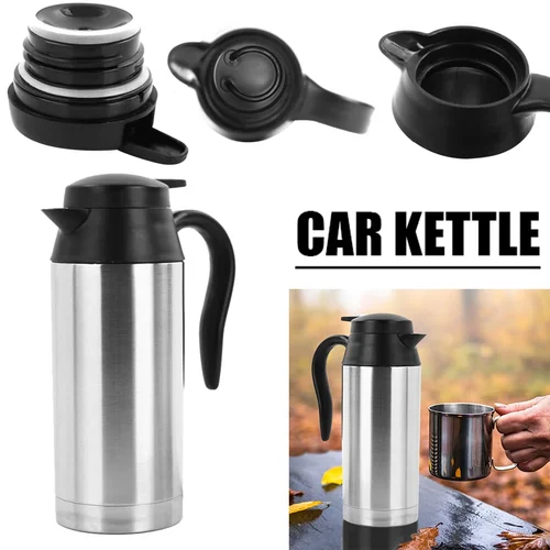 Imagen 2 del producto Taza calefactora eléctrica para coche, hervidor de agua de acero inoxidable de 750ML con enchufe para encendedor de cigarrillos, termo para coche, 12V/24V