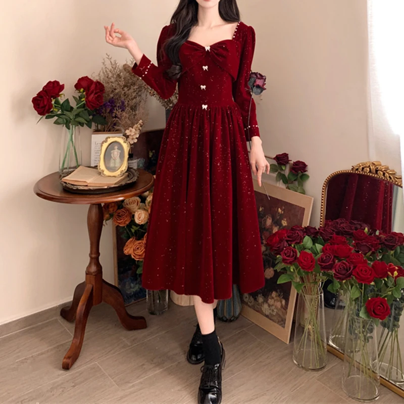 Vintage Bride Engagement Evening Dress Mid-length Long Sleeve Slim A-line Party Gown 2023 Women\'s Autumn Winter Velvet Dresses