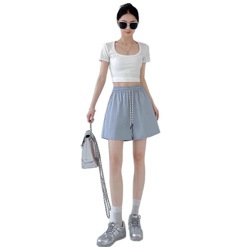 Women High Waist Quick Dry A Line Loose Wide Leg Athletic Casual Five Point Shorts