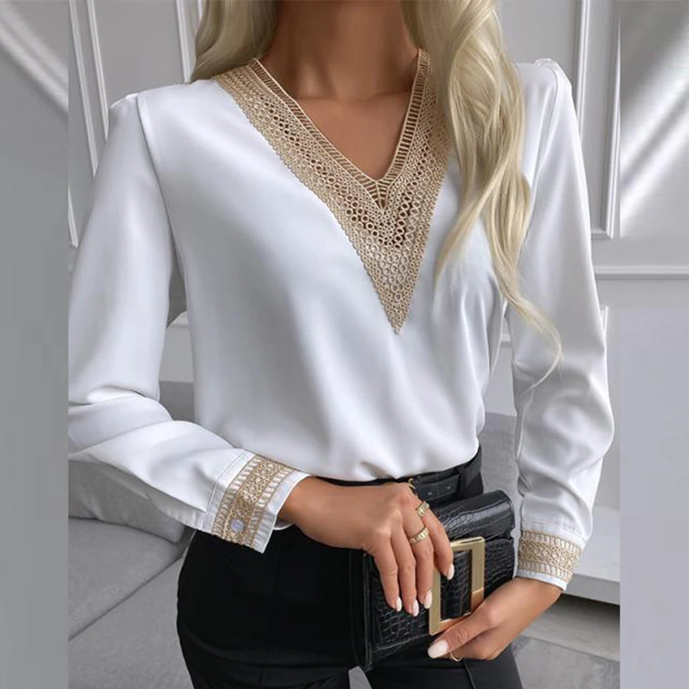 Letnia szyfonowa bluzka damska moda V Neck Hollow Out łączenie Top koszule z długim rękawem kobiece Blusas Mujer De Moda