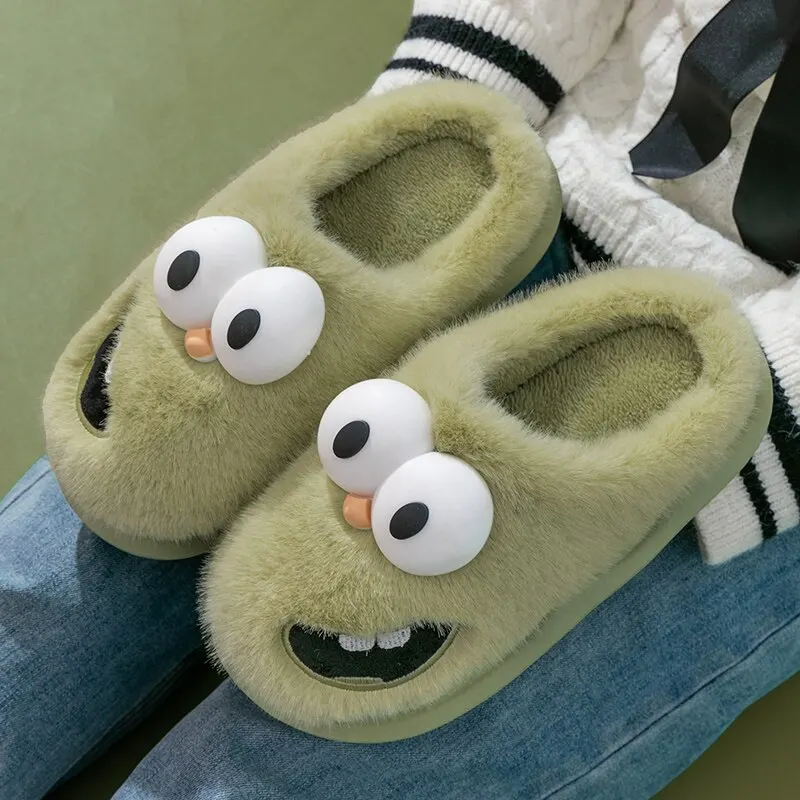 Cute Funny Monster Slippers Women Winter Warm Plush House Shoes Soft Thick Sole Fuzzy Fleece Lined Indoor Bedroom Cotton Slides