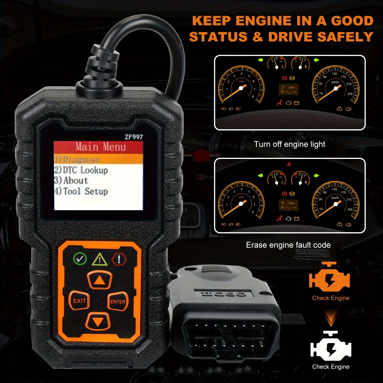 Obd2 Car Diagnostic Tool - Advanced Engine Fault Diagnosis Tool, USB Powered, Compatible with All Models from 1996 Onwards, Supports 36V, Features Dtc/Freeze Frame/Read/Erase/Data Stream Functions Zf997