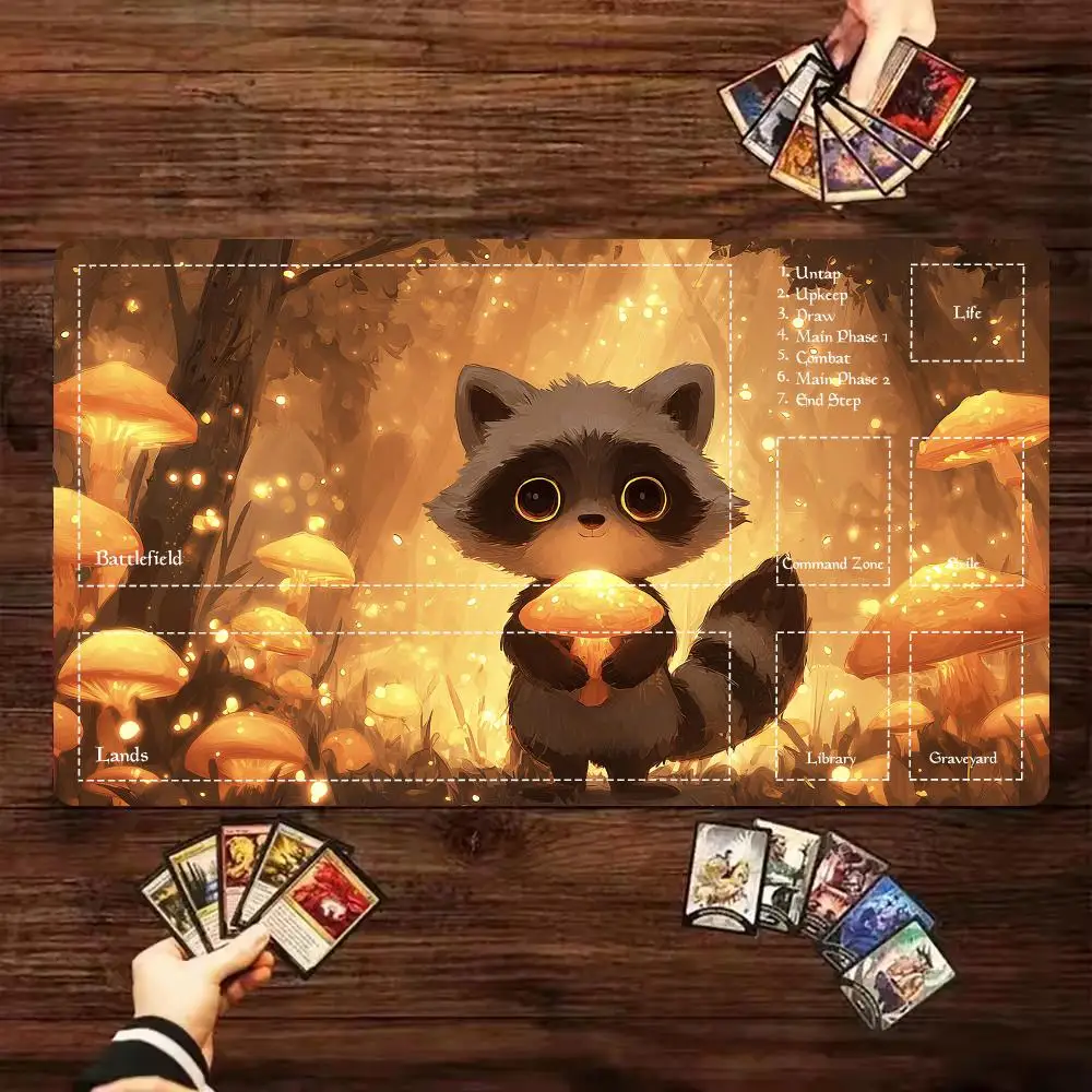 Cute Raccoon MTG Playmat with Zones Commander Card Game Mat Non-Slip Rubber TCG Battle Rug 600X350 Magic The Gathering Play Mat