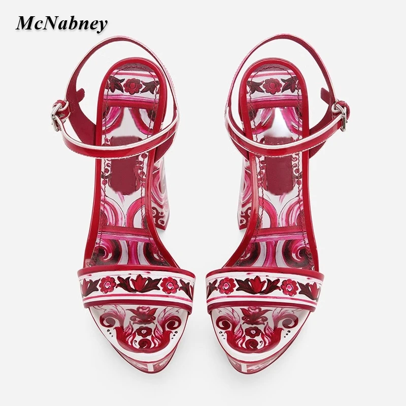 2023 Woman Red Flower Printed High Heels Sandals Platform Open Toe Ankle Buckle Strap Sandal Narrow Band Square Heel Lady Shoes