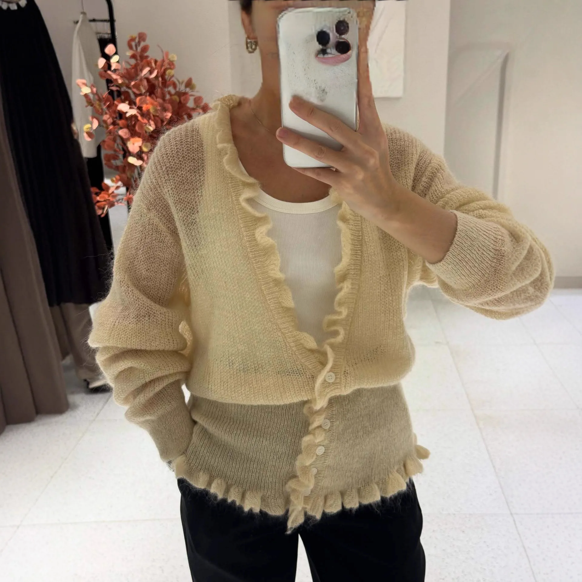 

Women's Solid Color Fuzzy Knit Cardigan V-Neck Button Ruffled Trim Slim Waist Cinching Sweater Stylish Casual Spring Top