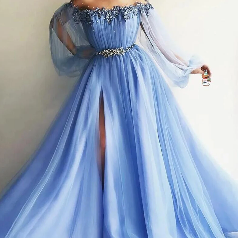 Vestido de noite com frisado, linha A, mangas compridas, vestidos elegantes de princesa, azul gelo, formal