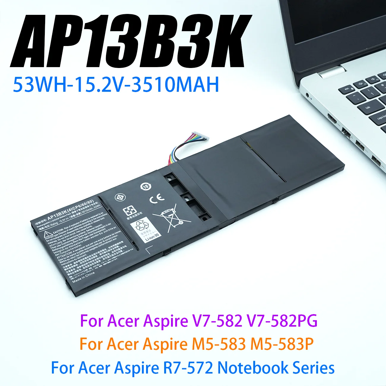 Batería AP13B3K para portátil Acer Aspire V5, R7, V5-572G, V5-573G, V5-472G, V5-473G, V5-552G, M5-583P, V5-572P, AP13B8K, 53Wh, 3560mAh