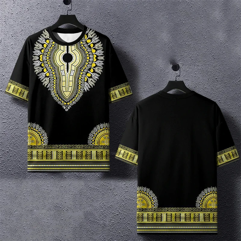 Vintage African Ethnic Stripe 3D Printing T-shirt O-Neck Oversized Short Sleeve Tees Tops Summer Loose Male Clothing Streetwear