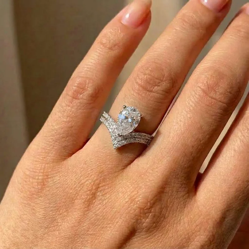 925 Sterling Silver Gift New Exquisite Pear Shaped Water Drop Set Zircon Ring Crown with Advanced Design Sense, Women's Luxury