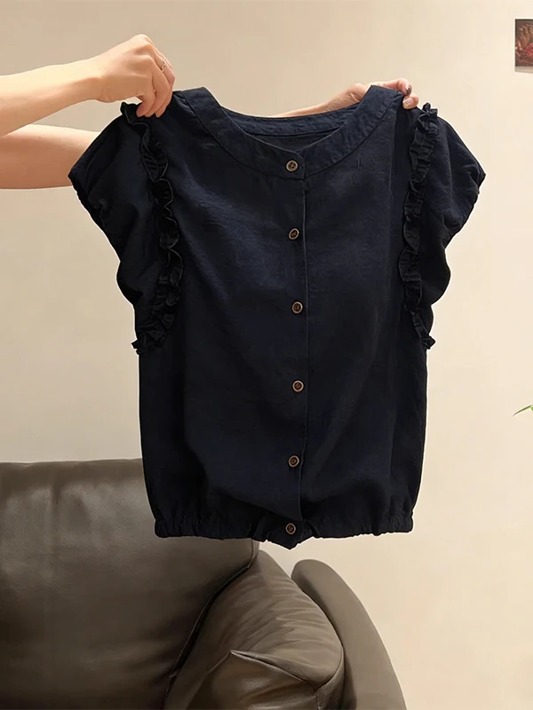 

Slimming Design round Neck Short Sleeve Women's Shirt Pure Color Fashionable Wood Grain New Summer Style Korean Version