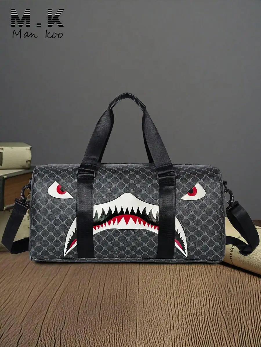 

Men's Scratch-Resistant PU Leather Weekend Travel Bag: Large Capacity Tote with Shark Print for Sports & Camping.