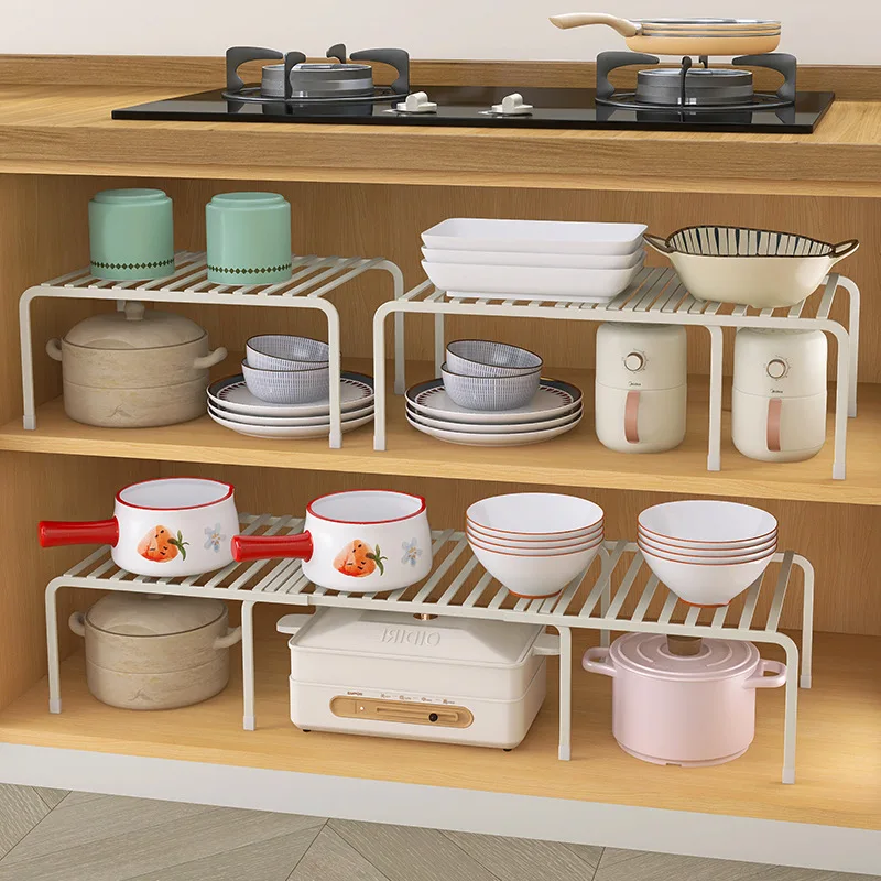 Retractable countertop for pot rack, extended dish storage in cabinet, desktop layered rack