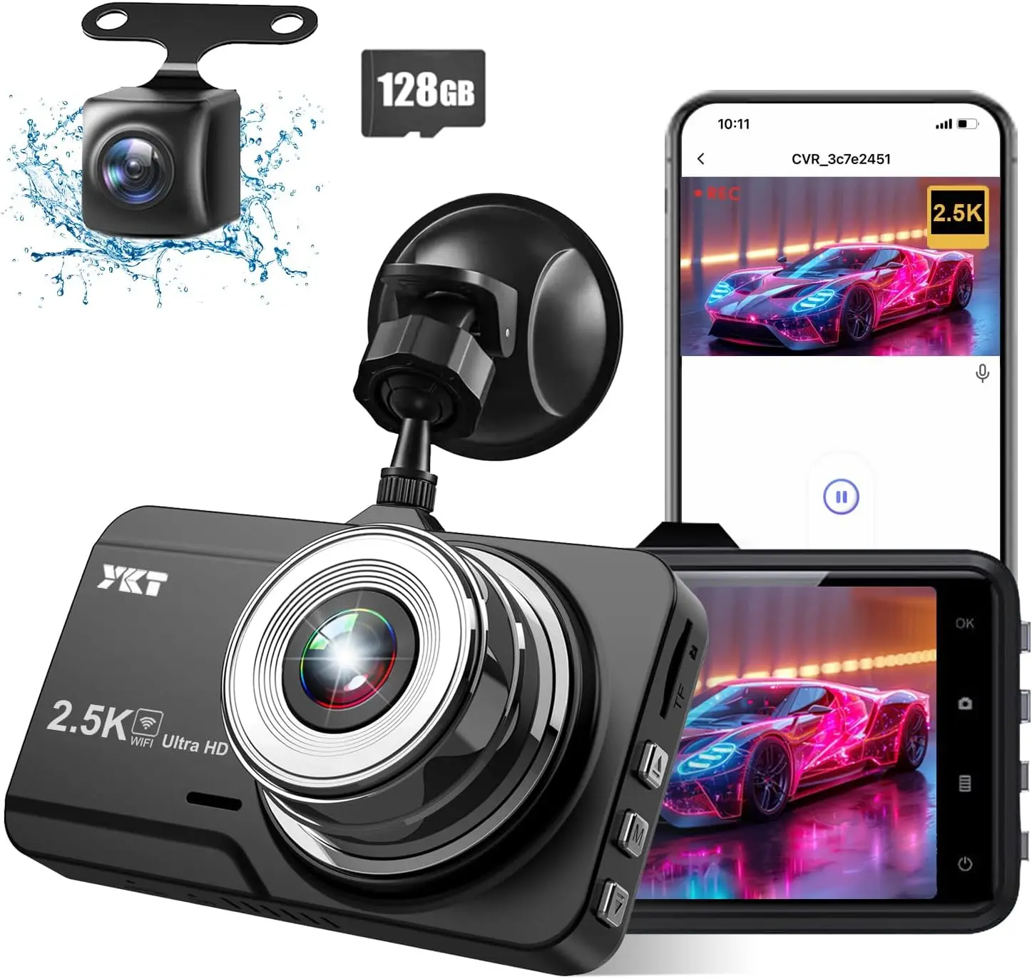 

2.5K Car Camera WiFi Front Rear with 128GB Card, 3' IPS, Night Vision, 170° Wide Angle, Loop Recording, G-Sensor, 24H Parking Mo