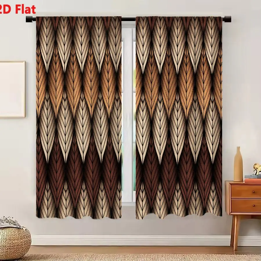 2Pcs Curtains 2D Flat Seamless Leaf Pattern Earthy Tones Wallpaper Fabric Background Art Window Drapes for Bedroom Room Decor De