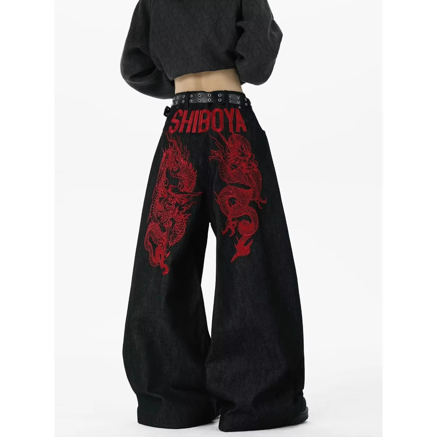 Whisper Lumi American Retro Embroidered Pattern Hip-Hop Jeans Suitable for Both Men and Women  Cool Floor Length Wide Leg Pants