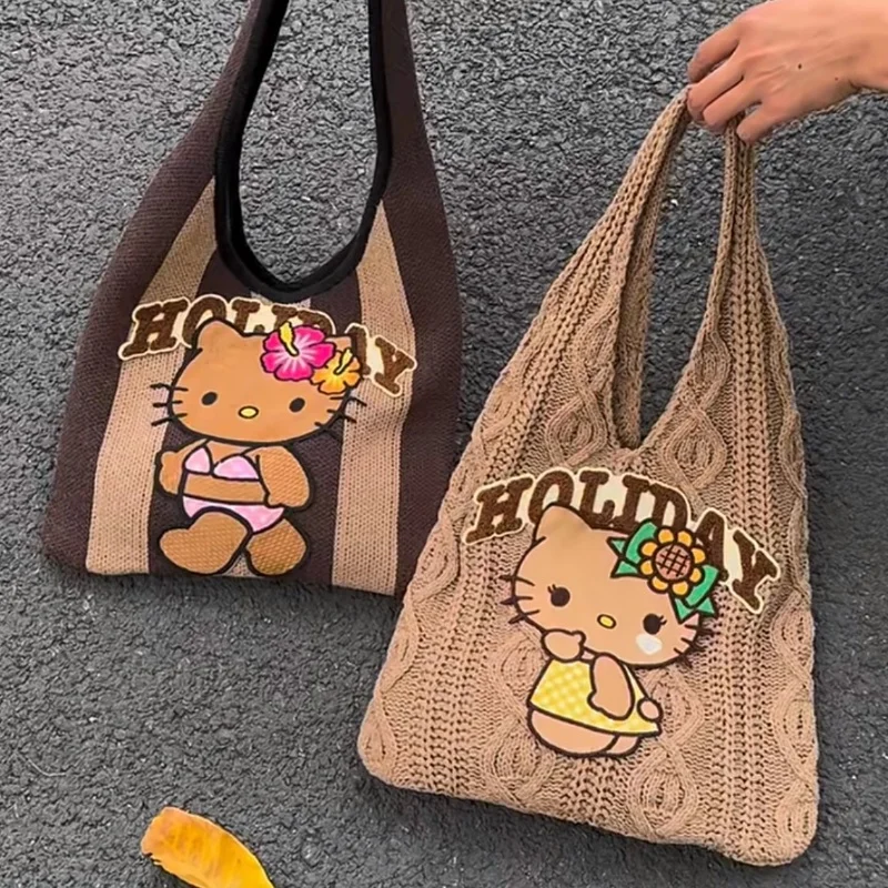 

Hello Kitty Shoulder Bags Sanrio Anime Handbag Cartoon Handmade Woolen Woven Shoulders Bag Large Capacity Knitting Tote Bag