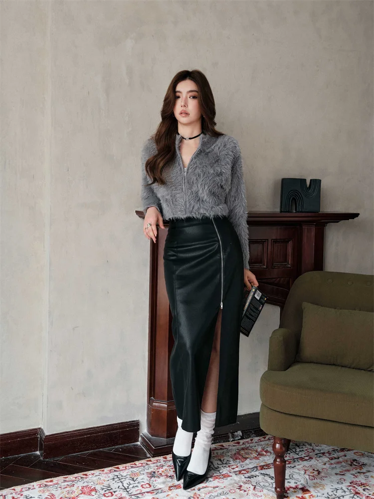 

Chill Zoey Slimming H-ape Midi Skirt Sexy Mid-Waist Long Women's Skirt Polyester Fiber Pure Color Autumn New Sle S