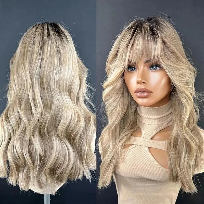 Bangs Wig Futura Fibre Blend Human Hair Wigs with Fringe Honey Ash Blonde Highlights Lace wig Cosplay Glueless Lace Top Skin Wig