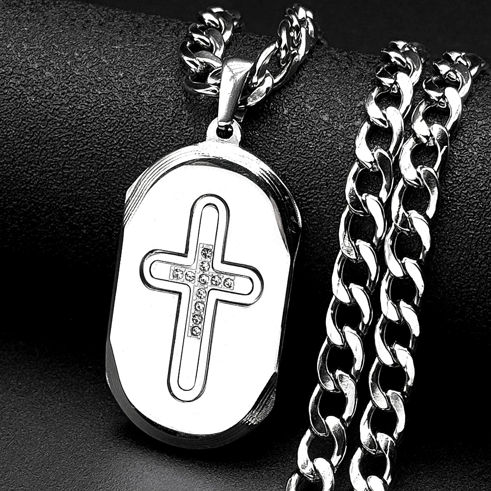 

Christian Rhinestones Cross Dog Tag Pendant Necklace for Women Men Stainless Steel Silver Color Religious Amulet Chain Jewelry