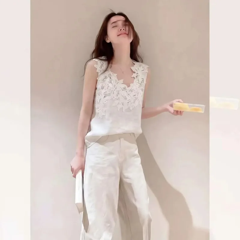 Women Clothes Summer Casual Korean Fashion Loose Lace Solid Color V-neck Female All-match Fashionable Short Sleeve Slim Tshirt