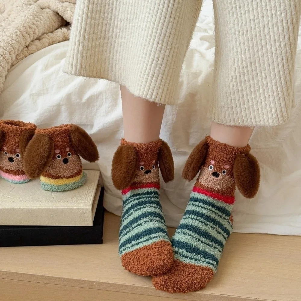 

Sweet Stripe Puppy Ears Coral Fleece Socks Polka Dot Warm Sleeping Socks Plush Soft Dog Thicken Velvet Socks Fall/Winter