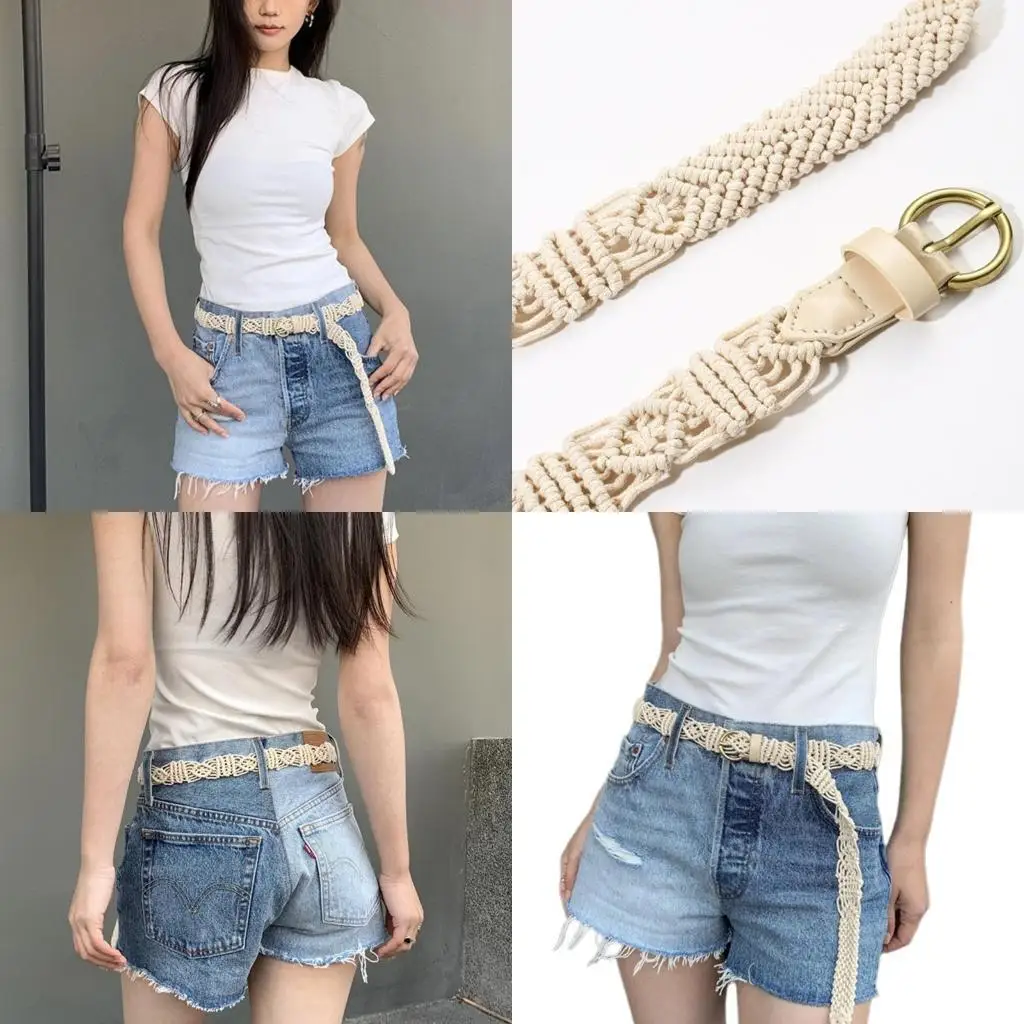 39BD French Women Waist Belt with Pin Buckle Bohemian Hand Weaving Belt