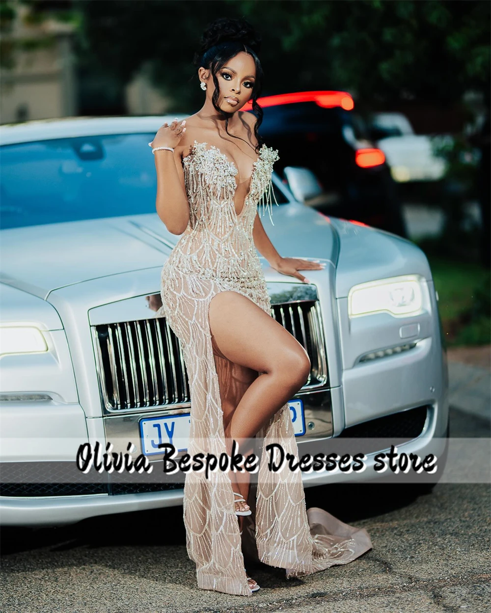 Strapless Ebi Style Rhinestones Prom Dresses High Split Luxury Gowns Elegant Evening Dress Wedding Party Mermaid Customized