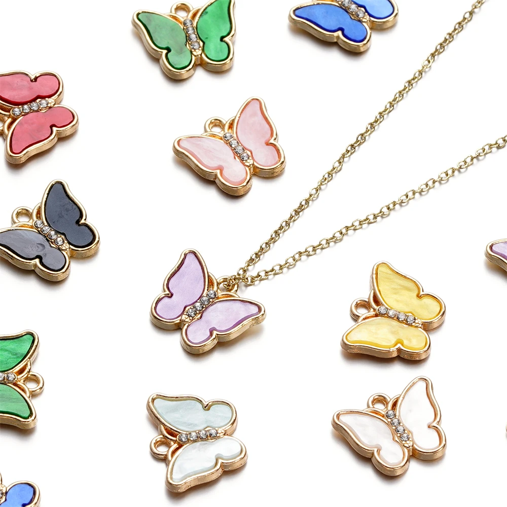 

10pcs/lot Rhinstone Imitation Shell Alloy Butterfly Pendants Zircon Charms For Necklace Bracelet DIY Jewelry Making Findings
