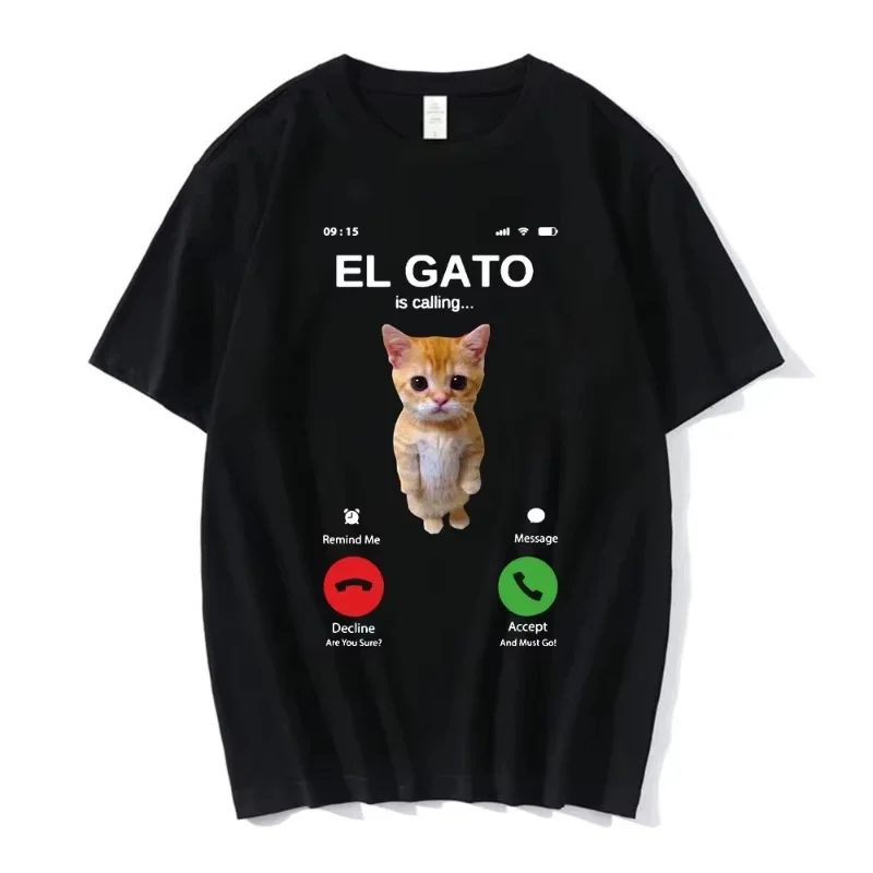 Camiseta de Moda 2026 El Gato Está Llamando, Meme de Gato Triste Llorando, Meme de Gatito Munchkin, Camiseta de Manga Corta, Streetwear Unisex Ins Y2k