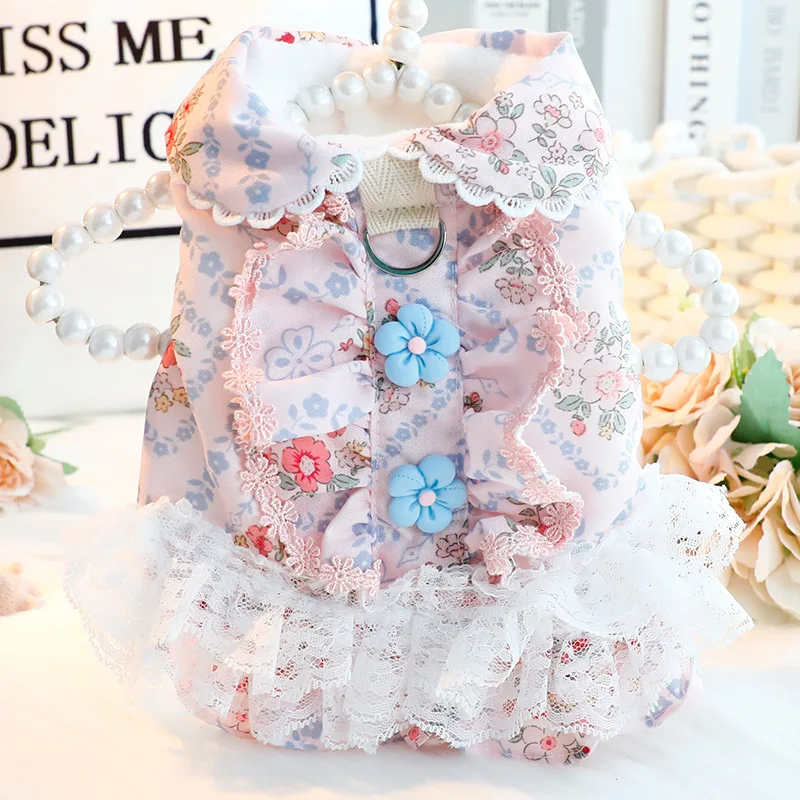 

Pink Blue Floral Print Pet Dog Clothes Autumn Winter Thick Cotton Warm Coat Dress For Small Medium Dog Poodle Teddy Puppy Skirt