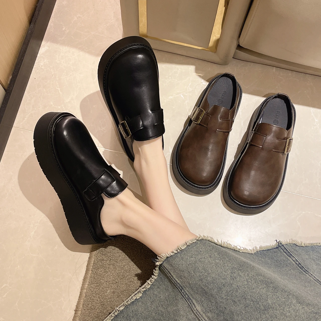 Black/brown Womens Slippers with Mid Heel Close Toe Anti Slip Wear-resistant Belt Buckle Spring Autumn PU Casual Flat Slippers