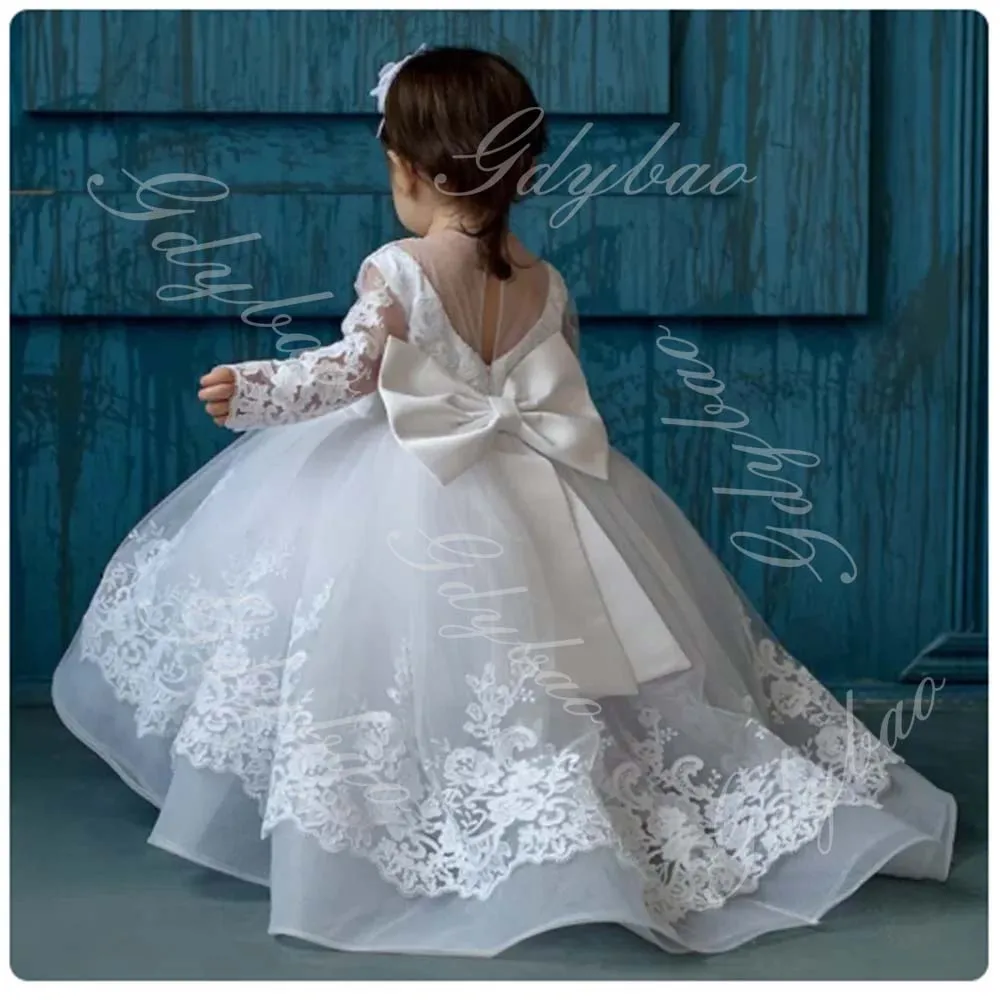 White Lace Flower Girl Dresses Full Sleeve Baby Girls 1st Birthday Wedding Party Dress Toddlers Pageant Communion Ball Gowns