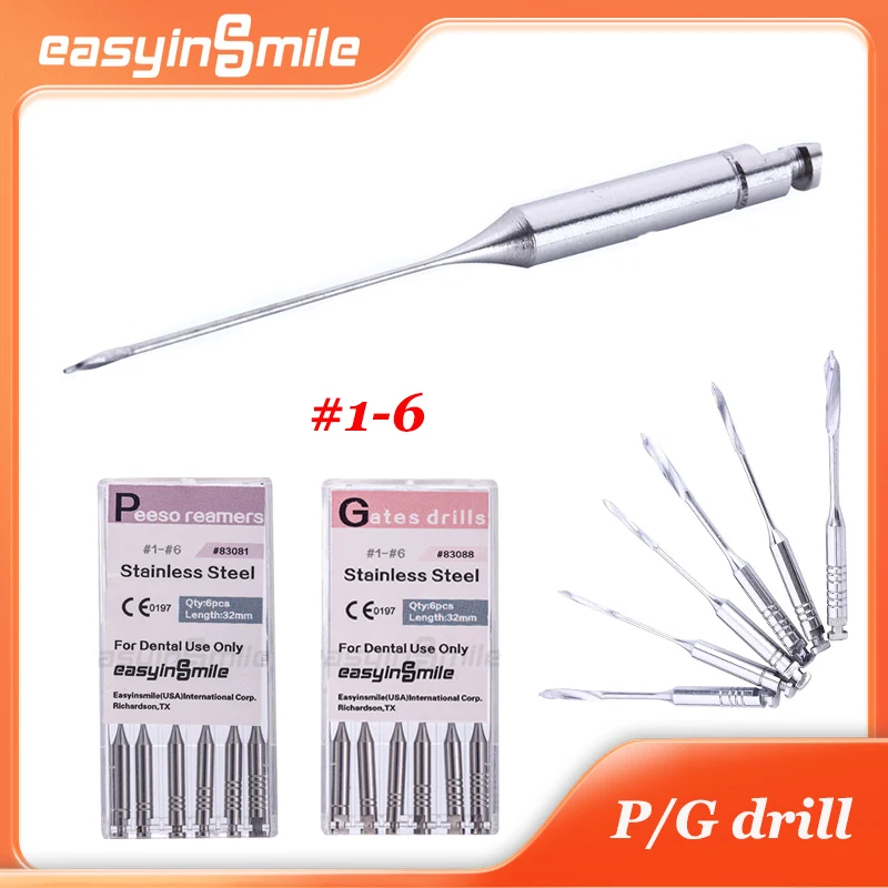 32mm Easyinsmile Pesso Reamer Dentistry Gates Drill Glidden Stainless Steel Endodontic File Root Canal Bur 6pcs