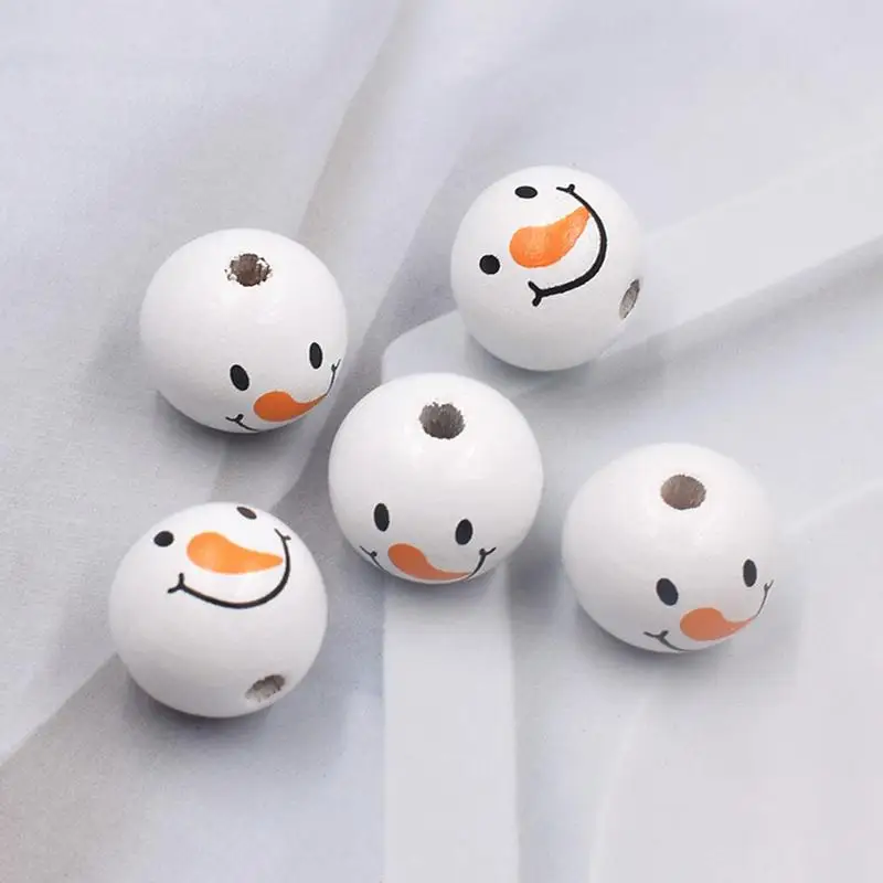 Christmas Snowman Beads White Christmas Print Wooden Beads 20MM Winter Wooden Beads With Christmas Snowman Print DIY Beading