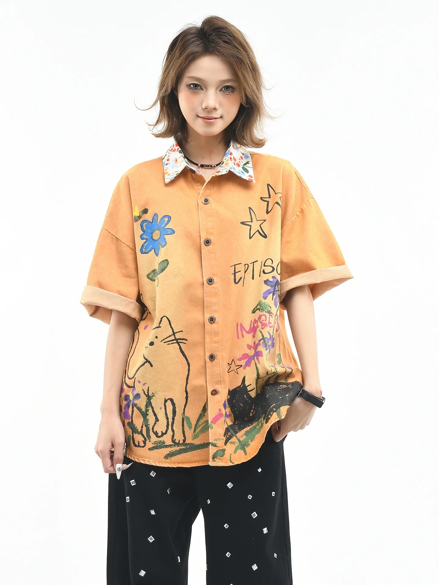 

Рубашка OV Original Retro с ручной росписью в стиле граффити, джинсовая, с коротким рукавом, женская, летняя, свободного кроя, с эффектом потертости, для пар, 100% хлопок, повседневная