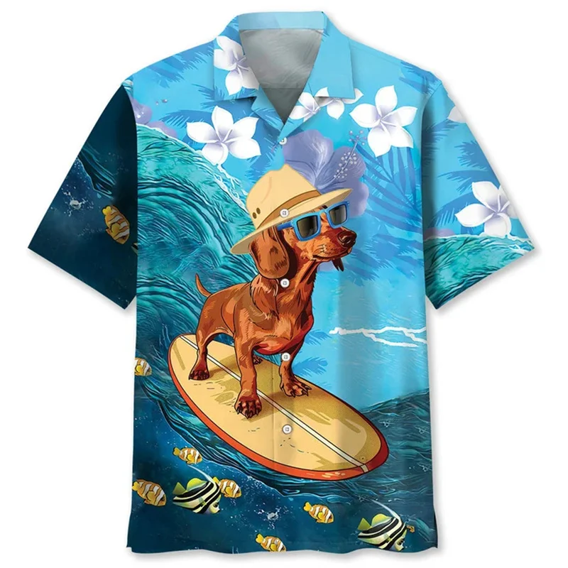 Cute Dachshund Hawaiian Shirt Men New In 3D Printed Animal Dog Lapel Short Sleeves Tops Outdoor Blouse Summer Button Shirts