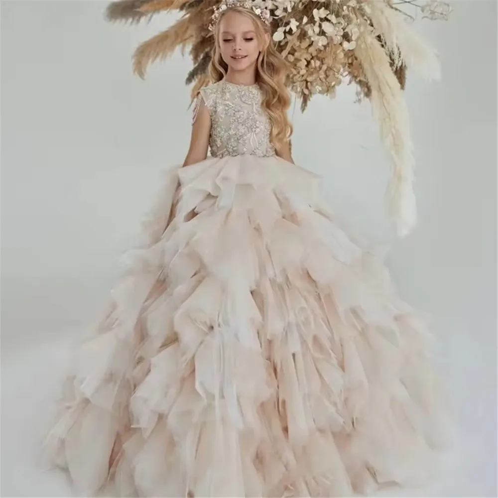 

Luxury Flower Girl Dress For Wedding Ruffles Beaded Long Ball Gown Princess Birthday Party Dress First Communion Gown Customized