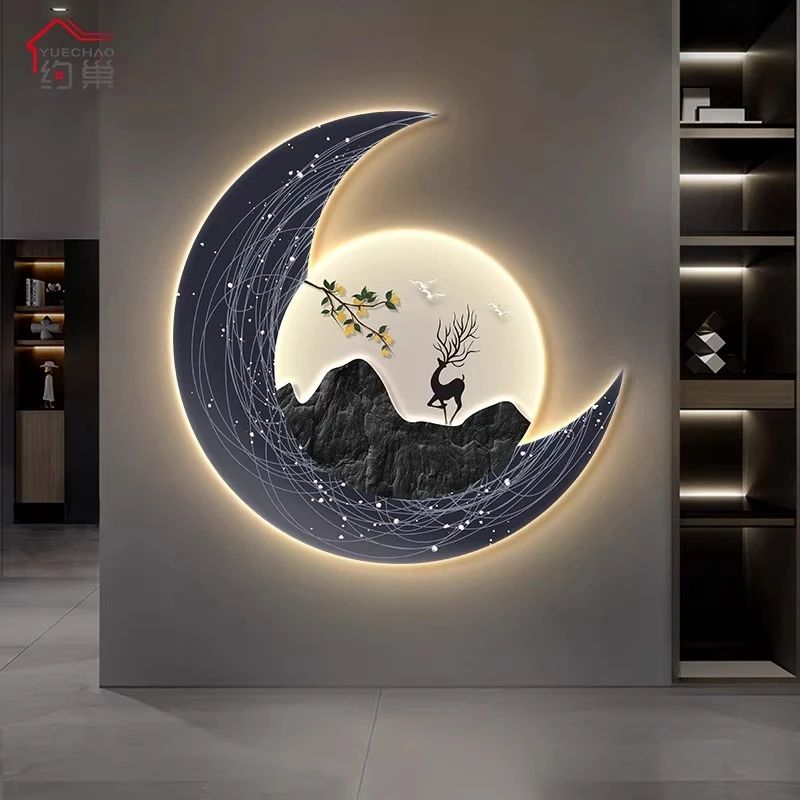 

LED Elk Moon Decor Painting For Bedroom Children's Room Creative TV Background Stairway Aisle Wall Decor Corridor Mural Lamp