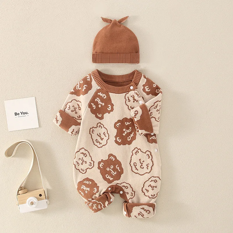 

New Winter Toddler Girls Rompers Cartoon Jacquard Knit Newborn Boys Jumpsuits Patchwork Round Neck Kids Baby Girls Bodysuits+hat